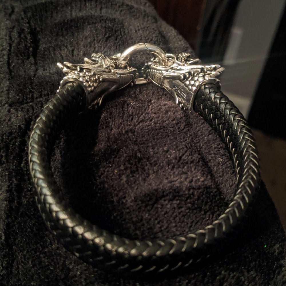 Silver and leather dragon bracelet